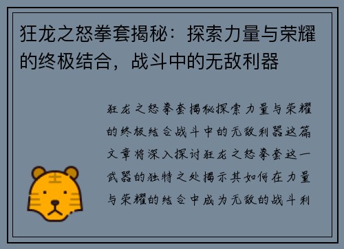 狂龙之怒拳套揭秘：探索力量与荣耀的终极结合，战斗中的无敌利器